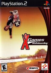 Cover of "ESPN X Games Skateboarding" for PlayStation 2 shows a skateboarder doing an aerial trick against a sunset sky, with the X Games logo centered. Rated E for Everyone, featuring ESPN and Konami logos at the bottom.