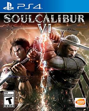 Cover of Bandai Namco's "Soul Calibur VI" for PlayStation 4, showing armored warriors with swords in a stormy setting. The left figure wields a large sword, while the white-haired character on the right mirrors this. The title is prominently centered.