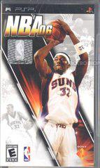 Sony's PSP game "NBA 06" cover features a Suns player in a white #32 jersey performing a jump shot against a blurred action background. It's rated E by ESRB, with the PlayStation logo at the top left.