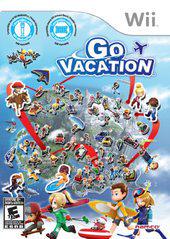 The cover art for Namco's "Go Vacation" on the Wii features vibrant animated characters engaging in activities like surfing, skiing, and skydiving on resort islands. With stunning beachfront, mountainous, and ocean landscapes, this E-rated game promises thrilling multiplayer fun.