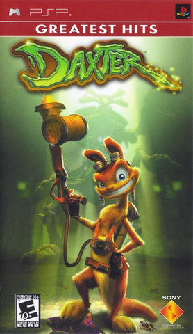 The "Daxter (Greatest Hits)" cover by Ready at Dawn displays an anthropomorphic orange creature with a large bug swatter in a dim industrial setting, featuring PSP and PlayStation logos and an ESRB rating of 10+.