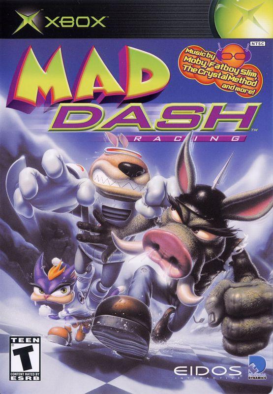 The cover art for Eidos's Xbox game "Mad Dash Racing" features arcade-style racing with anthropomorphic characters like a rhinoceros, bull, and bird against a dynamic purple background. Highlighted are tracks by Moby, Fatboy Slim, and The Crystal Method. Rated Teen.