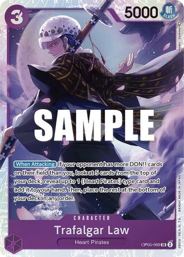 The Trafalgar Law [Awakening of the New Era] card by Bandai is a Super Rare from the One Piece trading game, depicting Law in his iconic hat with a sword. It has a power value of 5000, costs 3, and features a card-revealing ability. The image includes "Sample" text overlay.