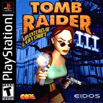 The cover art for "Tomb Raider 3" on PlayStation features Lara Croft in a teal tank top and brown shorts, holding a gun and flashlight against a building backdrop. It includes logos for Eidos, Core Design, PlayStation, and an ESRB "Teen" rating.