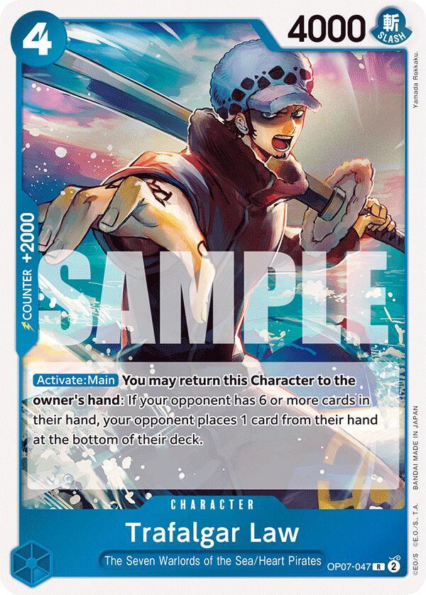 The rare "Trafalgar Law [500 Years in the Future]" card by Bandai, boasting 4000 power from "One Piece," is notable for its unique ability: "Activate: Main - You may return this character to the owner's hand..." It features a sample watermark and is labeled "The Seven Warlords of the Sea/Heart Pirates.