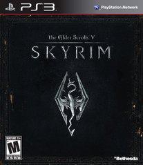 The PS3 cover for "The Elder Scrolls V: Skyrim" by Everything Games features a black background with a silver dragon emblem symbolizing the Dragonborn legacy. The title is at the top, with a "Mature 17+" rating on the bottom left, PlayStation logos on top, and "Bethesda" on the bottom right.