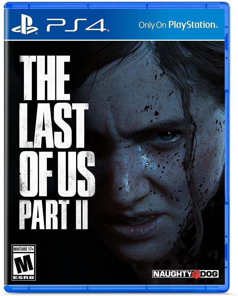 The cover of "The Last of Us Part II" by Naughty Dog features a gritty close-up of a character's dirt-smeared, scratched face, reflecting the game's intensity. The PlayStation and Naughty Dog logos are visible with the Mature 17+ rating and title on the left.