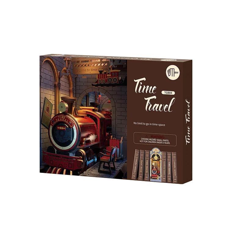 The Rolife "Time Travel" 3D Creative Bookend packaging showcases a vintage-style train in a brick tunnel with intricate details. This educational toy ignites creativity and curiosity, displaying the model number and image of the assembled train along with the text, "No limit to go in time-space.