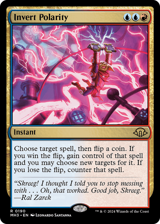 A "Magic: The Gathering" card from [Modern Horizons 3] titled "Invert Polarity." The rare instant card features artwork of a goblin-alchemist struck by a blue and pink lightning arc, causing violent electric flashes. Its gold border details its abilities involving flipping a coin to gain control of a spell.