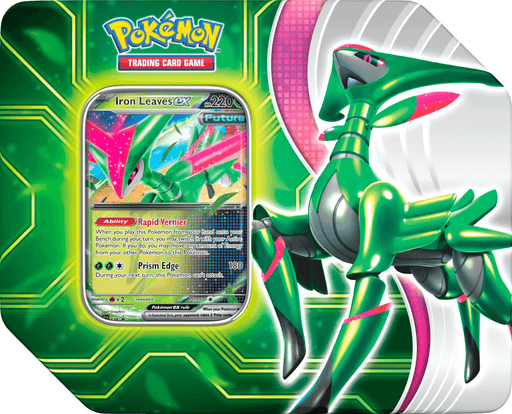 The image showcases the packaging of a Paradox Clash Tin (Iron Leaves ex) from Pokémon. It prominently features an Iron Leaves ex card surrounded by a green, futuristic design. To the right, there's a large illustration of Iron Leaves, a robotic-looking Pokémon, set against an abstract, vibrant background.