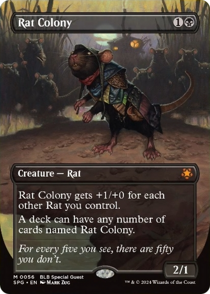 A Magic: The Gathering card titled "Rat Colony (Borderless) [Bloomburrow Special Guests]" features artwork of a rat in a cloak and armor, standing on its hind legs against a dark background. This creature—rat requires 1 black mana and 1 colorless mana to cast, with power/toughness stats of 2/1. It gains +1/+0 for each other "Rat" you control and permits any number of cards named "Rat Colony" to be included in your deck.