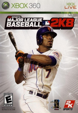 Cover image of "MLB 2K8" for Xbox 360 features a baseball player in a white New York Mets uniform mid-swing. Background is white with star patterns, including logos for Xbox Live, 2K Sports, and ESRB "Everyone," plus MLB and Players Choice emblems by Everything Games.