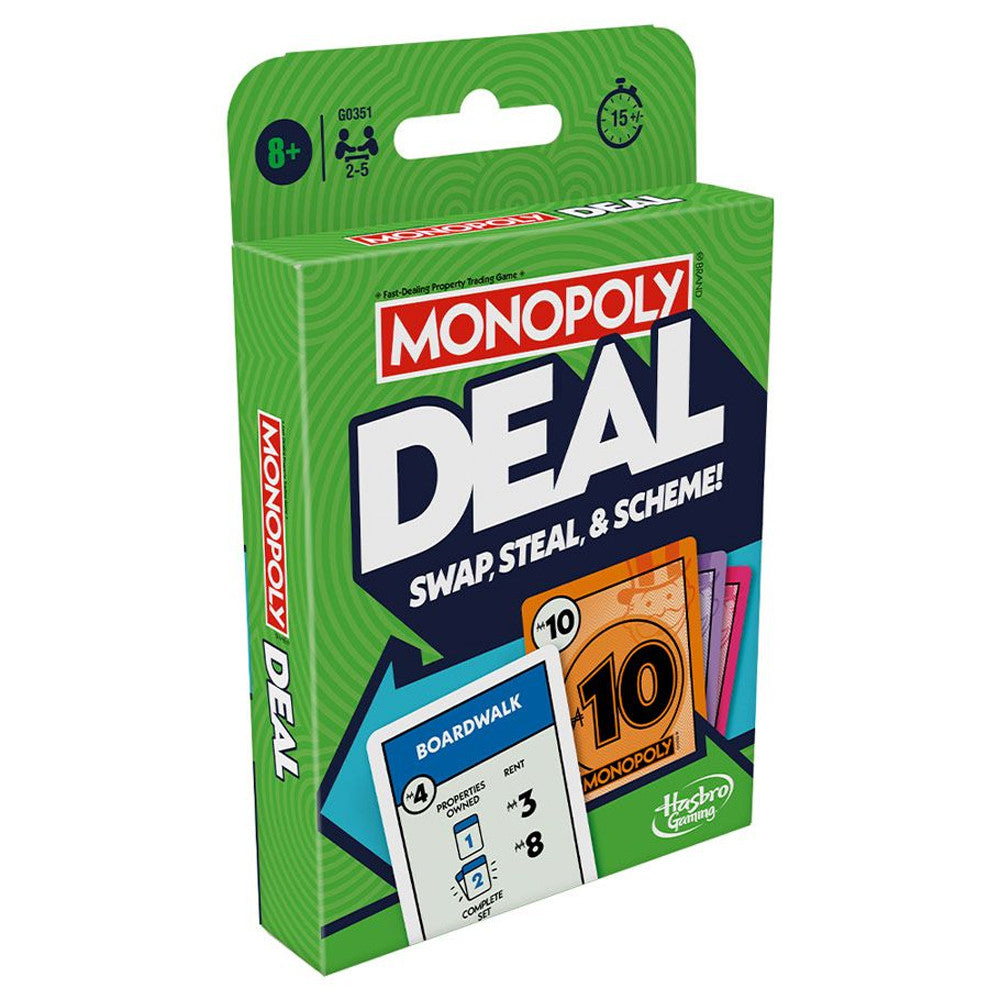 Image of Hasbro Gaming's Monopoly Deal card game box, ideal for family game nights. The green box with a zigzag pattern and bold red and white 