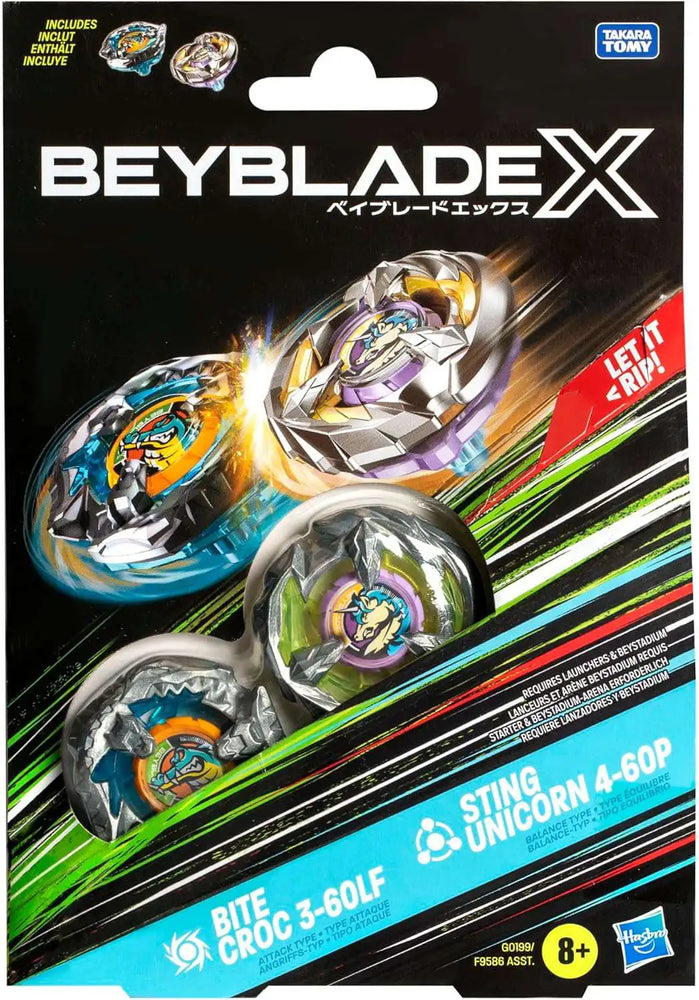 Beyblade Bite Croc 3-60LF and Sting Unicorn 4-60P Battle Tops