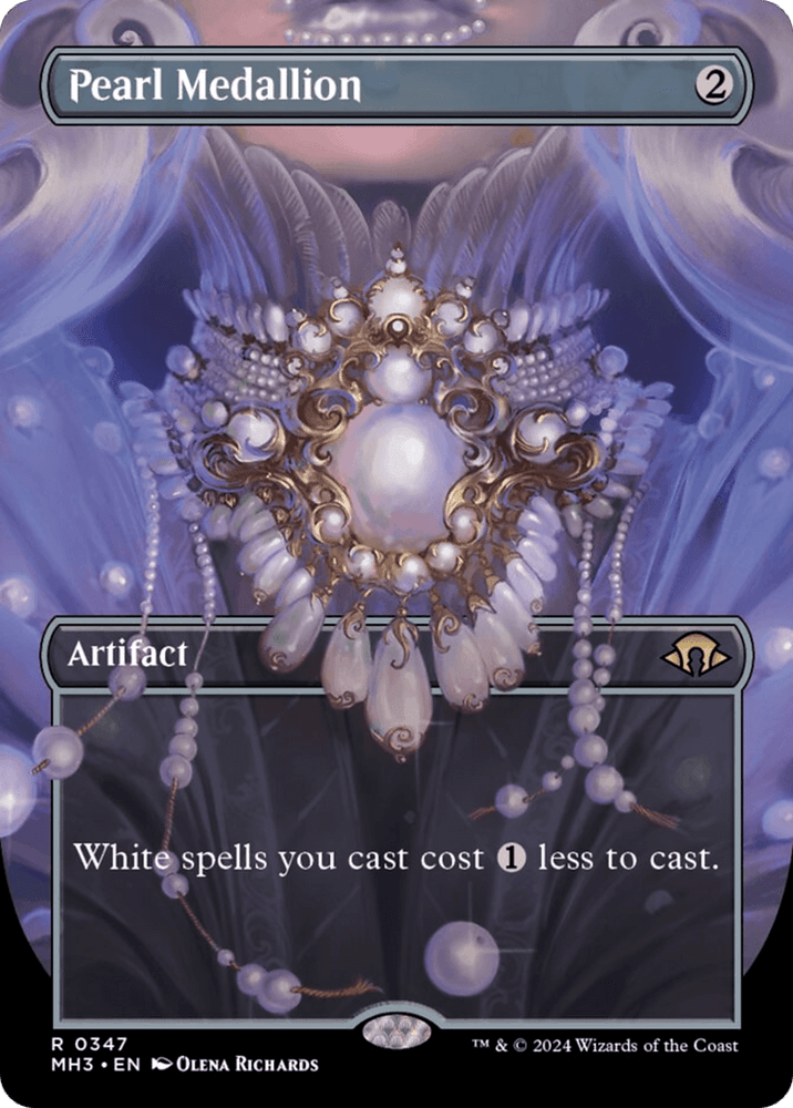 A **Magic: The Gathering** card named "**Pearl Medallion (Borderless) [Modern Horizons 3]**". This rare artifact features a detailed, ornate medallion adorned with pearls and metallic embellishments. With a black border, the card text reads, "White spells you cast cost 1 less to cast.