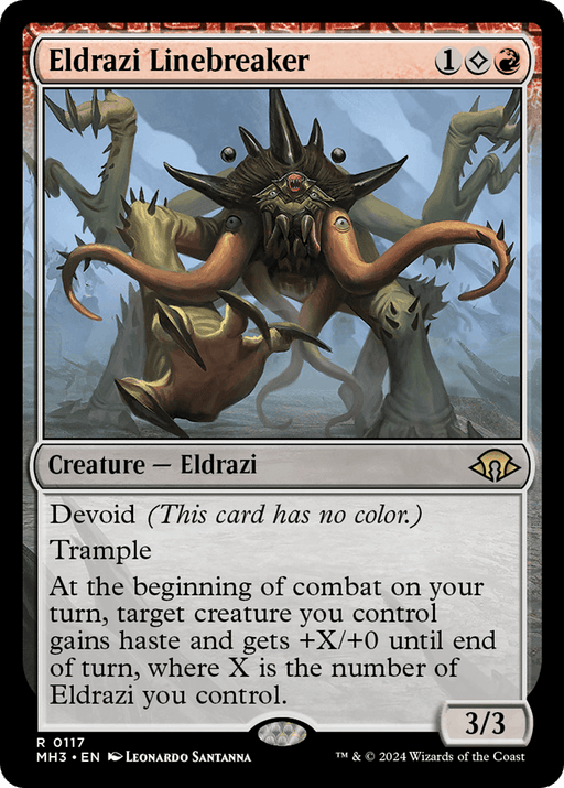 A rare Magic: The Gathering card from Modern Horizons 3 titled Eldrazi Linebreaker [Modern Horizons 3] with stats of 3 attack and 3 defense. This Eldrazi creature features multiple tentacles and arms, boasting abilities like Devoid, Trample, and a power-boosting effect based on the number of Eldrazi creatures you control.