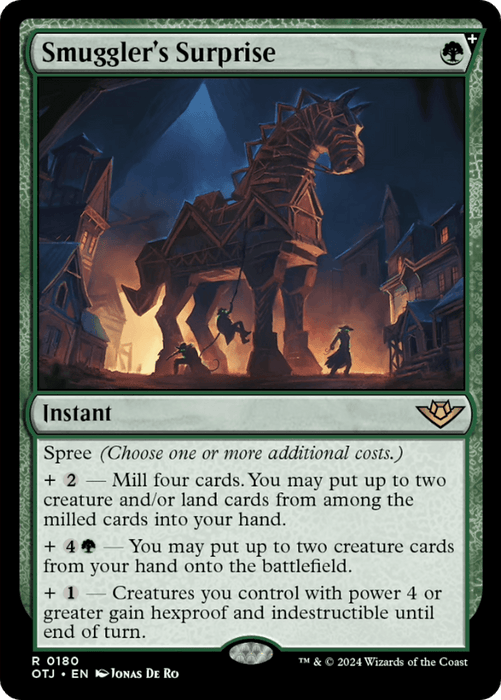 The image shows a Magic: The Gathering card titled "Smuggler's Surprise [Outlaws of Thunder Junction]," a Rare Instant from the Outlaws of Thunder Junction set. This green instant features abilities like Spree, milling four cards, summoning creatures or lands, and granting creatures hexproof and indestructible. The art depicts a huge wooden horse in a dark, medieval city environment.