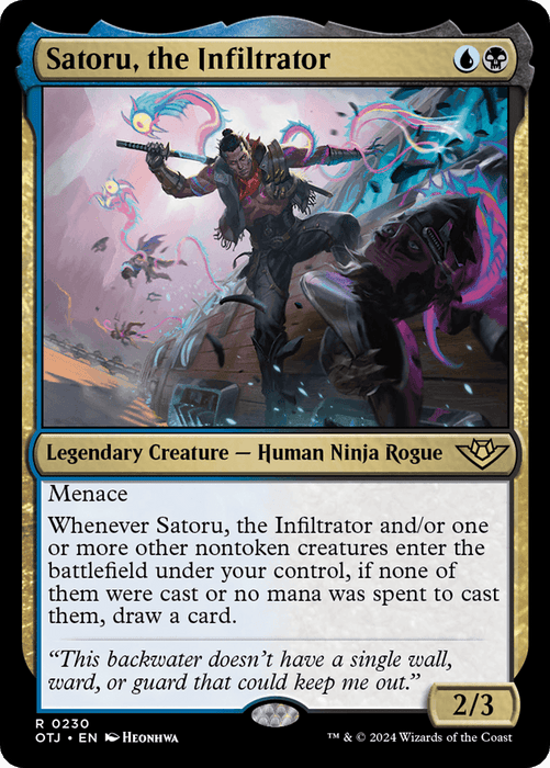 A Magic: The Gathering card titled "Satoru, the Infiltrator [Outlaws of Thunder Junction]." This rare, legendary creature depicts a human ninja rogue wielding a blade, surrounded by neon-lit smoke and energy. With 2 power and 3 toughness, it features abilities like "Menace" and an effect that involves drawing a card under specific conditions.