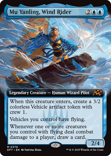 The product "Mu Yanling, Wind Rider (Extended Art) [Aetherdrift]" from Magic: The Gathering features artwork of Mu Yanling in blue robes, flying with swirling clouds and birds, arms outstretched while wielding an Aetherdrift-infused staff. Her abilities are detailed below the illustration.