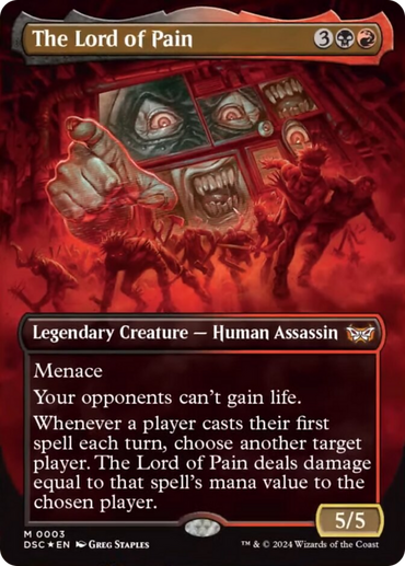 The Magic: The Gathering card "The Lord of Pain (Borderless) [Duskmourn: House of Horror Commander]" showcases a red, eerie image of a human assassin surrounded by suffering figures. This House of Horror Commander card's text box states: "Legendary Creature - Human Assassin" with "Menace" and abilities that harm opponents. It has a 5/5 power and toughness.