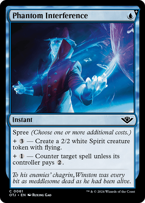 A "Phantom Interference [Outlaws of Thunder Junction]" Magic: The Gathering card depicts a ghostly figure casting a spell. It costs one blue mana and can create a 2/2 white Spirit creature token with flying for 3 additional mana. The card also lets you counter target spell unless its controller pays 2 for just 1 extra mana.
