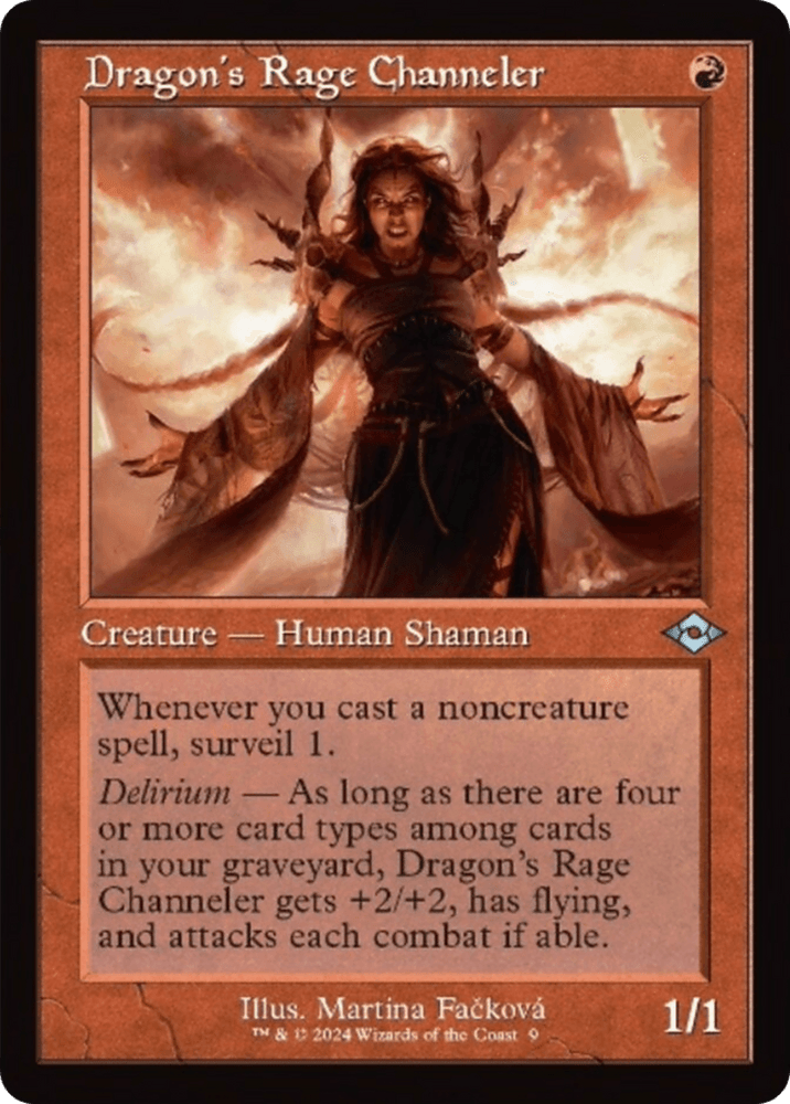 The image is of a Magic: The Gathering card from Modern Horizons 3 named "Dragon's Rage Channeler (Retro)." It depicts a Human Shaman with outstretched arms and a fiery, mystical background. The red-bordered card details its abilities: surveil 1 upon casting noncreature spells, and gaining buffs in Delirium.