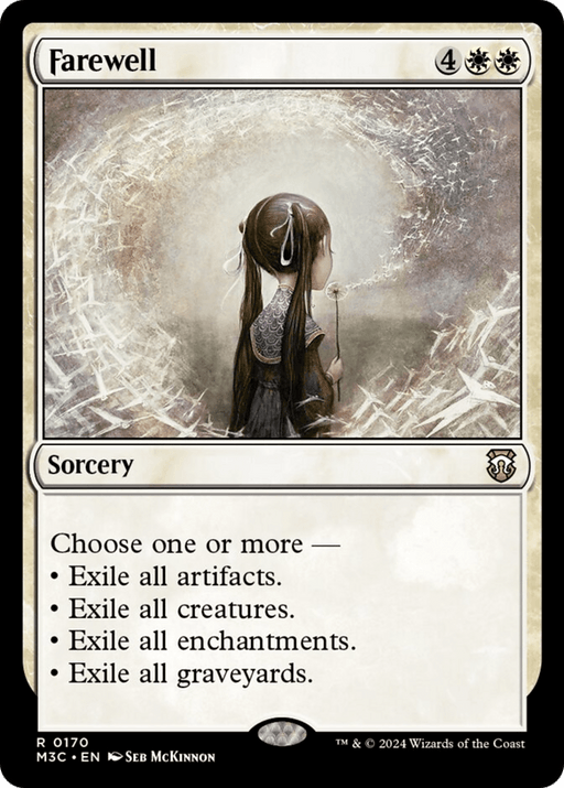 Magic: The Gathering card titled "Farewell [Modern Horizons 3 Commander]," a rare sorcery. Features a girl with light brown hair in a dark robe holding a wispy wand, standing against a misty, ethereal background with floating particles. Card text reads: "Choose one or more — Exile all artifacts, all creatures, all enchantments, all graveyards." Perfect for your Magic: The Gathering deck.