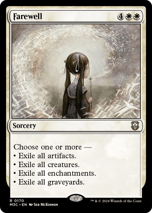 A Magic: The Gathering card titled "Farewell (Ripple Foil) [Modern Horizons 3 Commander]," featuring artwork by Seb McKinnon. It depicts a girl holding a staff, facing away, with light and shadow effects around her. This rare white sorcery from Modern Horizons 3 Commander costs 4 colorless and 2 white mana, allowing you to exile artifacts, creatures, enchantments, and graveyards.