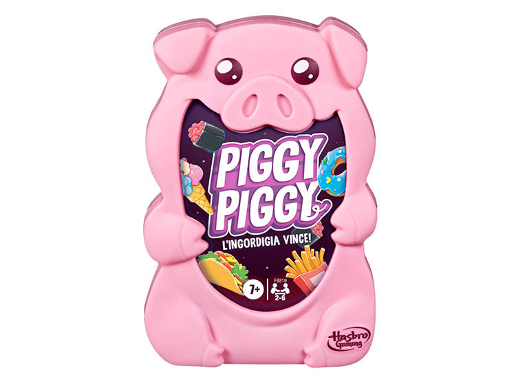 Hasbro Gaming's Piggy Piggy is a pig-shaped family card game for ages 7+ and 2-6 players. It features a pink smiling pig displaying colorful foods like cake, donuts, and fries in a transparent section, with the words 