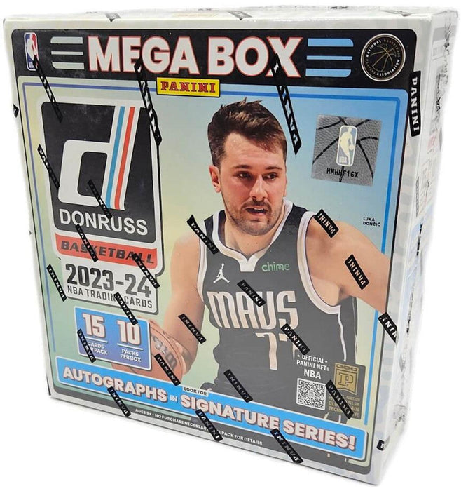 Image of a 2023-24 Panini Donruss Basketball Mega Box by Everything Games containing Basketball Trading Cards. The box features a player in a white and blue "Mavs" jersey. It holds 15 packs per box, 6 cards per pack, with a chance to pull an autograph in the Signature Series. The box is wrapped in Panini-branded plastic.