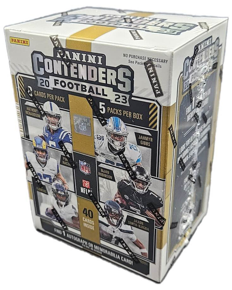 The 2023 Panini Contenders Football 5 Pack Blaster Box highlights six NFL stars, including quarterbacks and running backs, with "20 Football" and "5 packs per box." It contains "40 cards inside" and a chance for Rookie Ticket autographs from the 2023 NFL Draft Class.