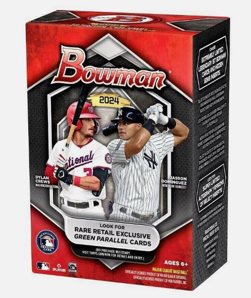 The 2024 Bowman Baseball 6-Pack Blaster Box by Topps displays two players, featuring 