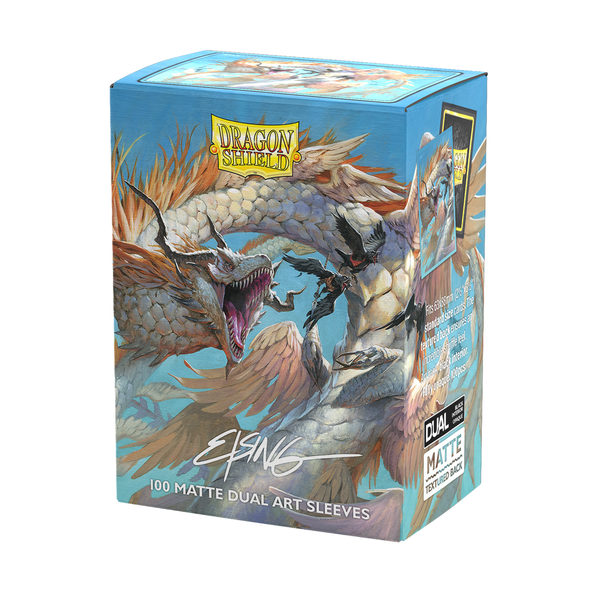 Arcane Tinmen's Dragon Shield: Standard 100ct Sleeves - The Ejsingandr (Dual Matte) features stunning fantasy artwork of blue and white dragons in battle. This sleeve pack with visible texture and branding is perfect for trading card enthusiasts seeking top-notch protection.