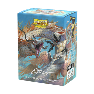 Arcane Tinmen's Dragon Shield: Standard 100ct Sleeves - The Ejsingandr (Dual Matte) features stunning fantasy artwork of blue and white dragons in battle. This sleeve pack with visible texture and branding is perfect for trading card enthusiasts seeking top-notch protection.