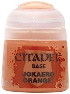 A small, cylindrical bottle of Citadel Base - Jokaero Orange paint. Perfect for miniatures, the bottle features a transparent cap and is filled with vibrant orange paint ideal for basecoating. The label on the front displays the brand name 