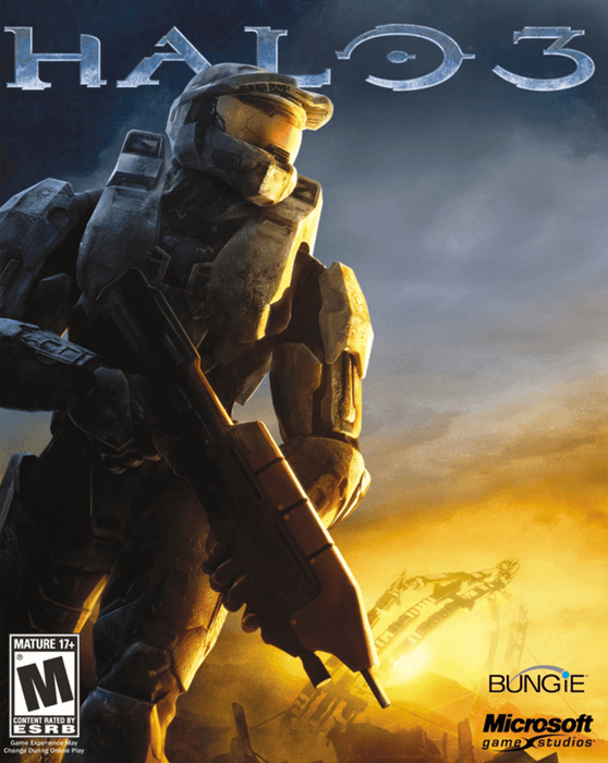 Cover art for the Xbox 360 game "Halo 3" featuring Master Chief, a soldier in futuristic armor, holding a weapon and standing against a backdrop with an orange and yellow sunset and distant sci-fi structures. The "Halo 3" title is at the top, with logos for Everything Games, Microsoft, and the ESRB rating (Mature 17+) at the bottom.