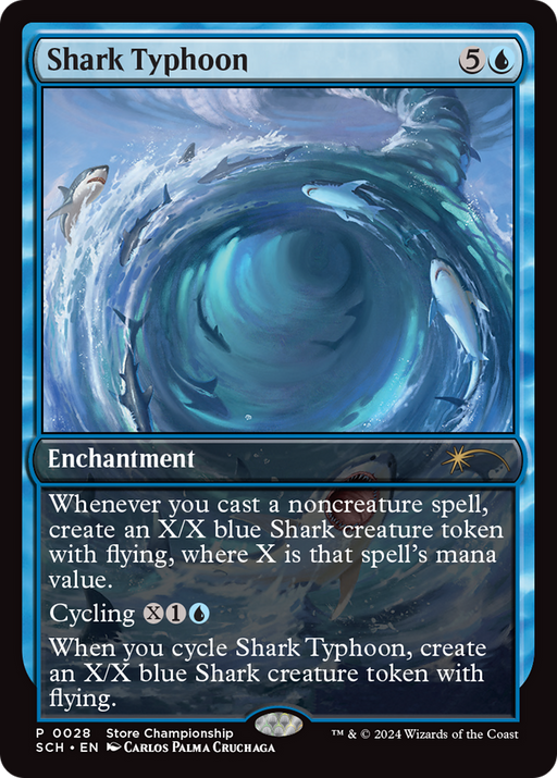 The image depicts a Magic: The Gathering card called "Shark Typhoon (Store Championship) [Bloomburrow Promos]." It illustrates a swirling vortex of water with sharks swimming within it. This Enchantment card has a casting cost of 5 generic and 1 blue mana, and it includes abilities such as creating flying shark tokens when you cast a noncreature spell. The artwork is by Carlos Palma Cruchaga.