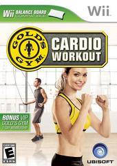 Cover of "Gold's Gym Cardio Workout" by Everything Games for the Wii. A smiling woman in a workout pose, wearing a yellow sports top, is prominently featured. In the background, a man is seen jumping rope. This interactive fitness game offers personalized training and includes a bonus VIP gym pass; balance board required.