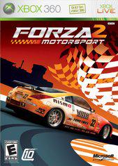 The "Forza Motorsport 2" cover for Xbox 360 by Turn 10 features a sleek, customizable racing car with sponsor logos against an orange and white checkered flag backdrop and cityscape silhouette. Realistic graphics emphasize Xbox 360 and Live branding. Rated E for Everyone.