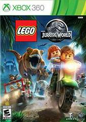 The cover art for "Lego Jurassic World" on Xbox 360 by Tt Games showcases a thrilling prehistoric chase with LEGO figures, including a man and woman on a motorbike fleeing from a T-rex. A red jeep and dinosaurs appear in the background, with prominent iconic logos.