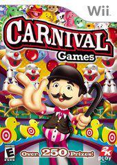 The cover art of "Carnival Games" from Everything Games features a lively cartoon carnival barker with a mustache holding game tickets against a vibrant backdrop. Exciting mini-games involve ducks, balloons, and prizes. It boasts "Over 250 Prizes!" with an "E" rating and includes 2K Play and Wii logos.