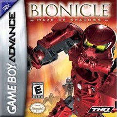 Cover for "Bionicle Maze of Shadows" on Game Boy Advance: A large red Toa Metru in action against a fiery backdrop. The game, rated E for Everyone, features turn-based combat adventures and displays the THQ and Game Boy Advance logos prominently.