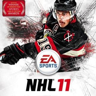 The Xbox 360 cover art for NHL 11 by Everything Games features a hockey player in black and red gear with a captain's 