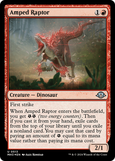 The Magic: The Gathering card titled "Amped Raptor (Ripple Foil)" from Modern Horizons 3 features a striking red Dinosaur, electrified and captured mid-leap against a lush, forested backdrop. This card boasts First Strike and a unique energy mechanic. With a casting cost of 1R, it has power/toughness of 2/1 and detailed abilities text.