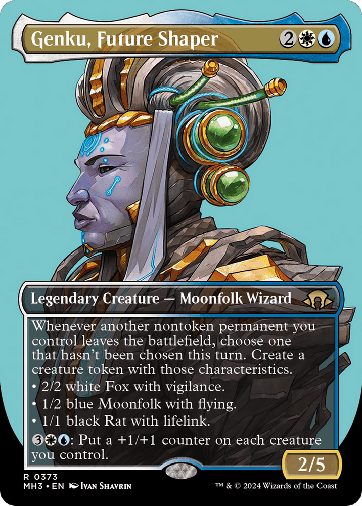 A "Magic: The Gathering" card titled "Genku, Future Shaper (Borderless) [Modern Horizons 3]," from Magic: The Gathering. It requires two colorless, one blue, and one black mana to play. The card features an alien-like figure with ornate armor and headgear. It's a 2/5 Legendary Creature - Moonfolk Wizard with numerous abilities listed in the text.