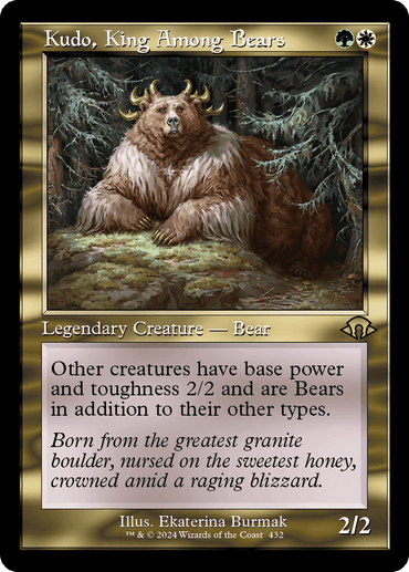 A Magic: The Gathering card titled "Kudo, King Among Bears (Retro) [Modern Horizons 3]" from Magic: The Gathering. This legendary creature features a large bear adorned with a crown, seated majestically on a rock throne amidst a forest. The card grants other creatures 2/2 power and toughness along with bear status, highlighting its regal origins.