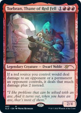 In a fantastical world, an armored dwarf noble clutches a large, luminous axe. The product, named "Torbran, Thane of Red Fell," is part of the Secret Lair Drop Series from Magic: The Gathering and features a striking red color scheme. This legendary creature card has stats of 2/4 and details abilities that amplify red damage. The intricate artwork along the border is characteristic of a Secret Lair Drop Series design.