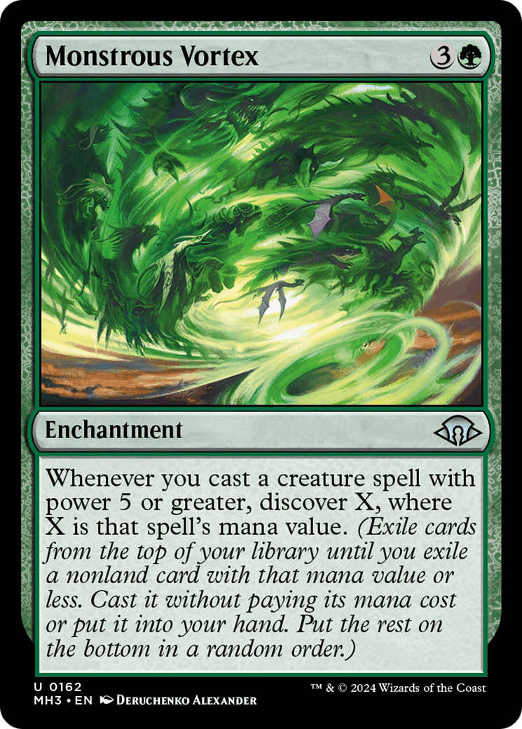 A Magic: The Gathering card titled Monstrous Vortex [Modern Horizons 3]. It costs 3 colorless and 1 green mana. The Enchantment reads: 