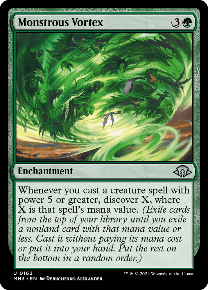 A Magic: The Gathering card titled Monstrous Vortex [Modern Horizons 3]. It costs 3 colorless and 1 green mana. The Enchantment reads: "Whenever you cast a creature spell with power 5 or greater, discover X, where X is that spell’s mana value." The artwork depicts a swirling green vortex.