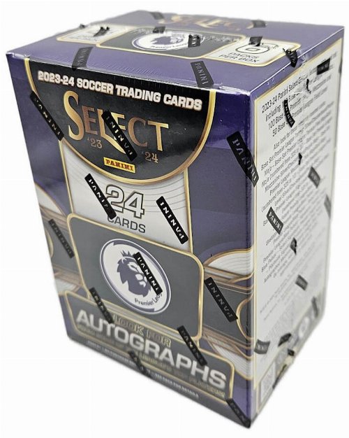 Introducing the 2023-24 Panini Select Premier League Soccer Blaster Box, proudly showcasing the Premier League logo. This box contains 24 soccer trading cards and invites collectors to "Look for Autographs." It features an elegant design with gold and purple accents, securely sealed with black tape stamped with the Panini brand. Additionally, it offers retail-exclusive parallels for enthusiasts.